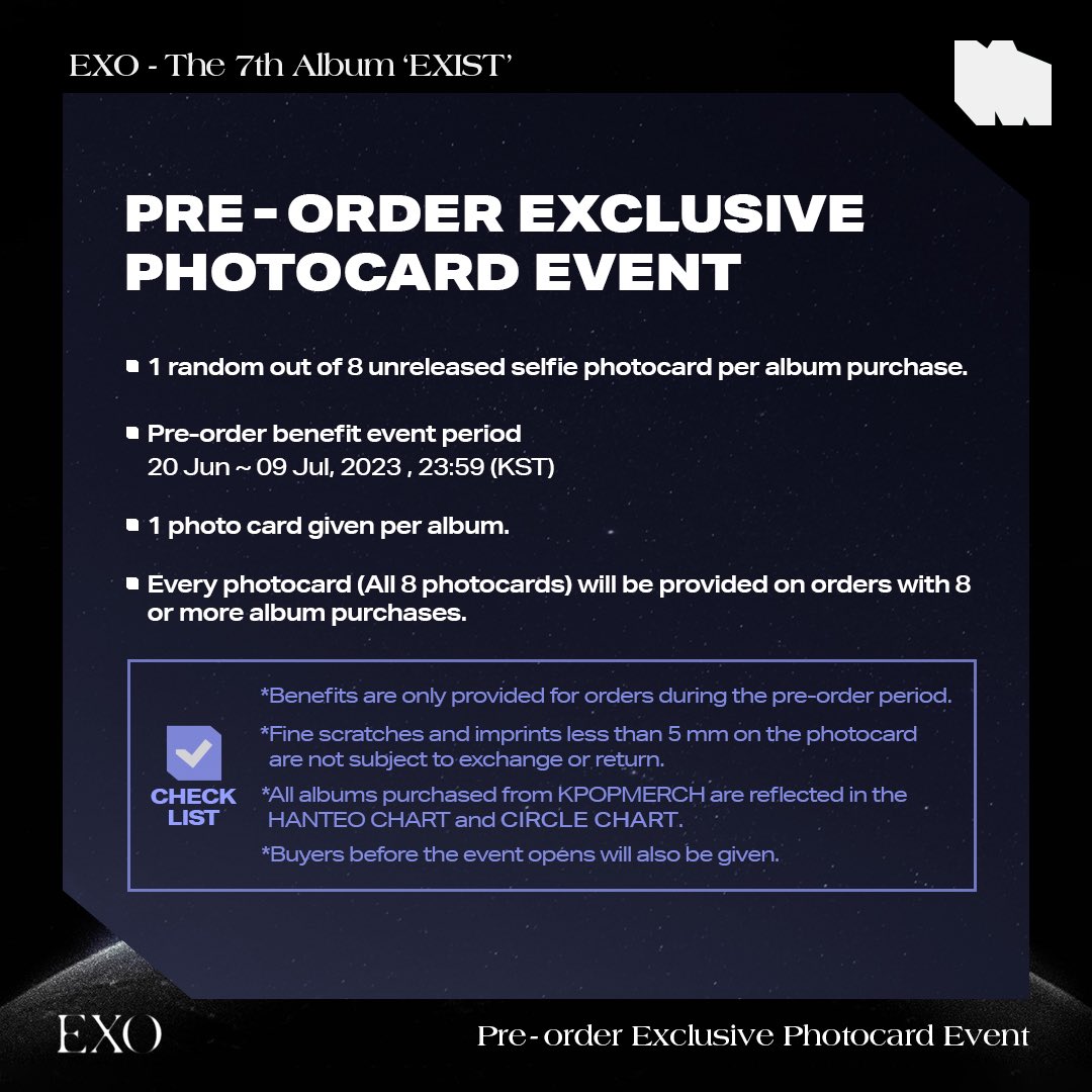 [KPOPMERCH x EXO PRE-ORDER EXCLUSIVE PHOTOCARD EVENT]

🗓 Event Period
- ~ 9th July 11:59 PM (KST)

📍Store
- KPOPMERCH SHOPEE Store(SG/MY/PH/ID/TH/MX/BR)
>>linktr.ee/kpopmerchshopee

🎁Gift
- 1 random out of 8 Selfie Photocards

#EXO #엑소 #EXIST #KPOPMERCH #케이팝머치