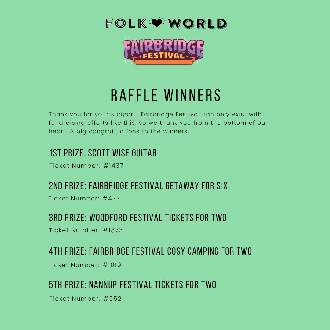 Thanks for supporting our Raffle! A BIG congrats to all the winners and a huge thank you to our sponsors - Scott Wise Guitars, <a href="/Woodfordia/">Woodfordia</a> &amp; Nannup Music Festival 🧡

#raffleprizes #folkfestival