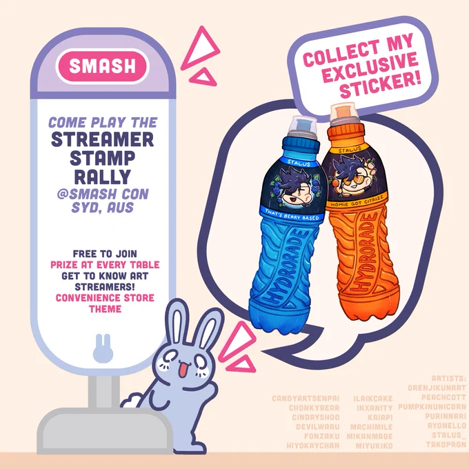 🔶 SMASH IS COMING UP WOOOO!    Check out the Streamer Stamp Rally - you can collect this exclusive, super hydrated sticker! WOW!  2 flavoured drinks in 1!?!?!? 💙🧡   ___  #smashcon #streamerstamprally #stalusART