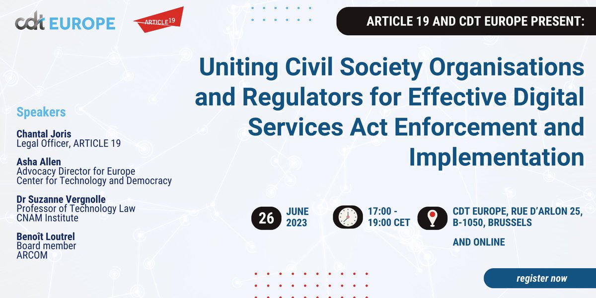 ARTICLE 19 (@article19org) on Twitter photo Join us and <a href="/CDTEU/">Centre for Democracy & Technology Europe</a> online for our joint event on Uniting Civil Society and Regulators for Effective #DSA Enforcement.
🗣️With <a href="/SuVergnolle/">Suzanne Vergnolle (@SuVergnolle@eupolicy.social)</a>, <a href="/AshaOAllen/">Asha Allen</a>, Benoît Loutrel and ARTICLE 19's Chantal Joris.
📅26 June | 17:00-19:00 CET
eventbrite.co.uk/e/uniting-civi… Join us and <a href="/CDTEU/">Centre for Democracy & Technology Europe</a> online for our joint event on Uniting Civil Society and Regulators for Effective #DSA Enforcement.
🗣️With <a href="/SuVergnolle/">Suzanne Vergnolle (@SuVergnolle@eupolicy.social)</a>, <a href="/AshaOAllen/">Asha Allen</a>, Benoît Loutrel and ARTICLE 19's Chantal Joris.
📅26 June | 17:00-19:00 CET
eventbrite.co.uk/e/uniting-civi…