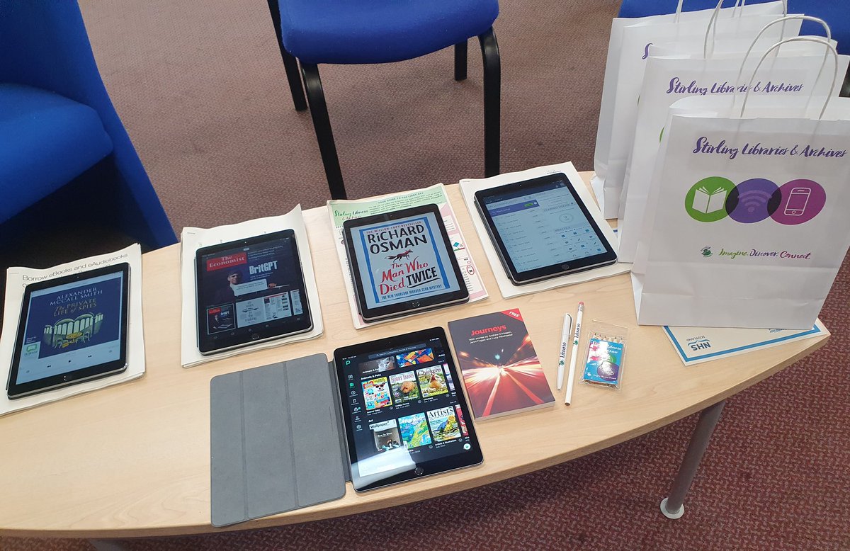 I'm at sunny Fallin Library this morning until 12pm, promoting all our wonderful eResources such as @LibbyApp @BorrowBox @TLILanguages and @PressReader perfect for stocking up on summer reading!   There are also goodie bags up for grabs! #ilovelibraries #digitalinclusion