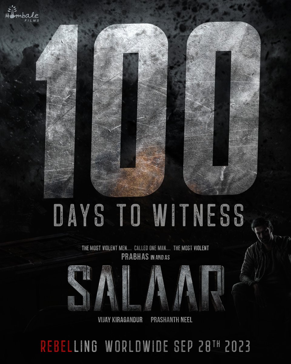 HimeshMankad's tweet photo. SALAAR - 100 DAYS TO GO! 

The countdown begins - #Prabhas in and as #Salaar in this #PrashanthNeel directorial gearing up for a release on September 28. From what I have heard from extremely reliable sources, this one is going to be MASS RAMPAGE - AWAIT THE TEASER SOON! https://t.co/YgKbG8wkhx