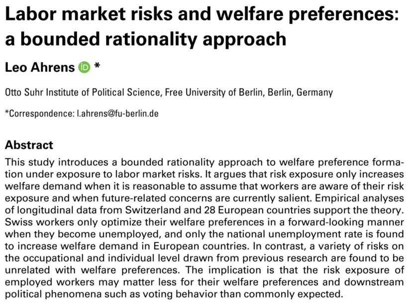 My article “Labor market risks and welfare preferences: a bounded rationality approach” is now out in Socio-Economic Review @SASE_Meeting. I summarize it in the thread below! doi.org/10.1093/ser/mw…