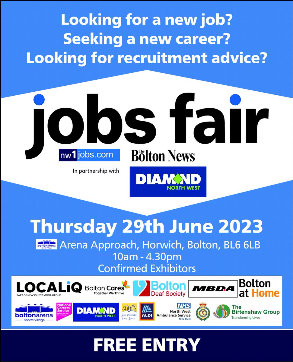 Looking for a new job?

Seeking a new career?

Looking for recruitment advice?

Visit the @nw1jobs Job Fair on 29 June, 10am-4.30pm at Bolton Arena!

#BoltonJobs #BoltonCareers #BoltonRecruitment