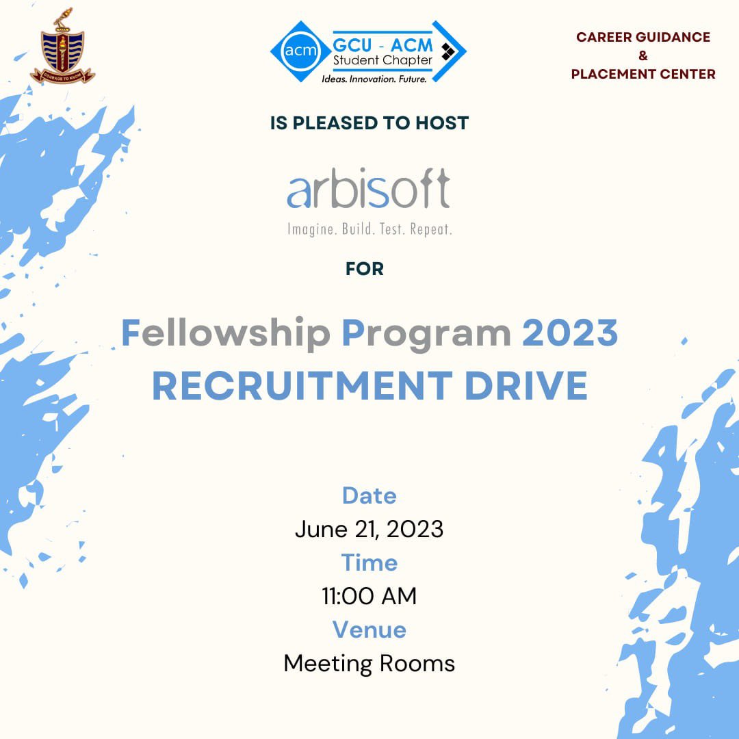 Prof Dr Asghar Zaidi (@zaidia) on Twitter photo Happy to announce that Arbisoft <a href="/arbisoft/">Arbisoft</a> is coming to GCU <a href="/gcuniversitylhr/">GC University Lahore</a> on Wednesday 21st June 11 am at Meeting Room for a recruitment drive, organized by GCU Career Center <a href="/GCU_CGPC/">GCU Career Guidance and Placement Center</a> and ACM society <a href="/_gcuacm/">GCU-ACM Student Chapter</a>, for their Fellowship Program 2023. Happy to announce that Arbisoft <a href="/arbisoft/">Arbisoft</a> is coming to GCU <a href="/gcuniversitylhr/">GC University Lahore</a> on Wednesday 21st June 11 am at Meeting Room for a recruitment drive, organized by GCU Career Center <a href="/GCU_CGPC/">GCU Career Guidance and Placement Center</a> and ACM society <a href="/_gcuacm/">GCU-ACM Student Chapter</a>, for their Fellowship Program 2023.