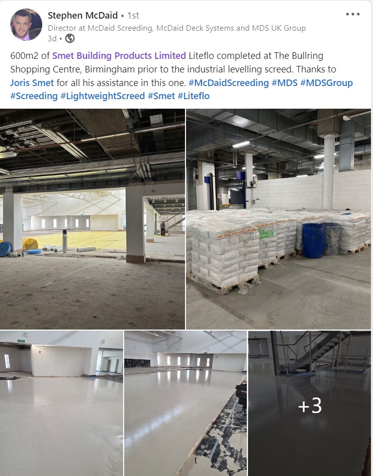 smetbp's tweet photo. Delighted to supply McDaid Screeding with 600m2 SMET LiteFlo® Lightweight Flowing Screed for The Bullring Shopping Centre, in Birmingham.
READ MORE: https://t.co/g6HMCZygSY
#McDaidScreeding #MDS #MDSGroup #Screeding #LightweightScreed #SMET #LiteFlo https://t.co/sPuNhoVQjf