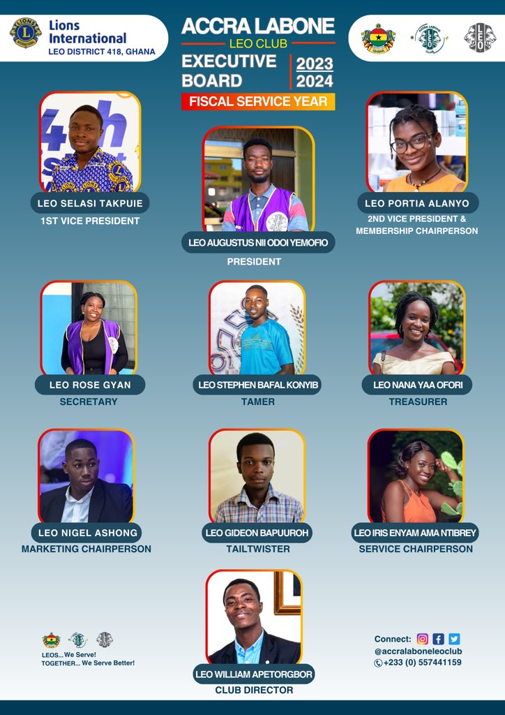 accralaboneleos's tweet photo. The Board of Directors, Accra Labone Leo Club 23/24
#AccraLaboneLeoClub
#LaboneLeos
#EmpoweringLeadersServingCommunities https://t.co/7qqzQgrNc1