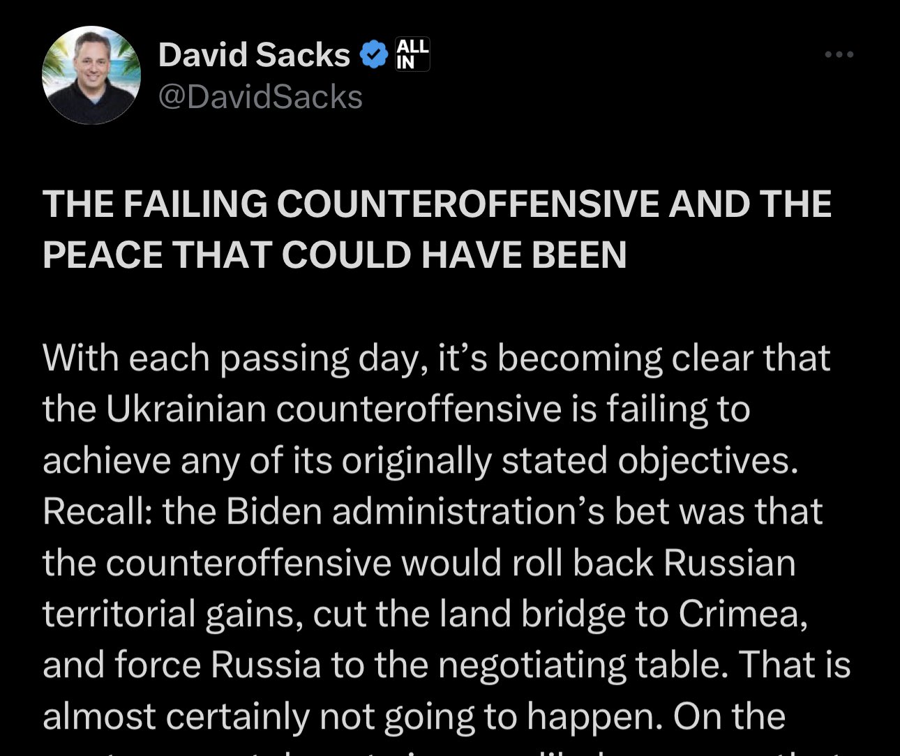 Tymofiy Mylovanov on X: "David Sacks on War in Ukraine and Biden Options:  “Either escalate or admit defeat”. Sacks position is profoundly  undemocratic and oppressive. Similarly to Putin he assumes the agency