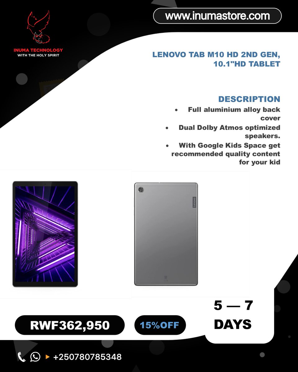 InumaTechnology's tweet image. #RwOT
Stylish &amp;amp; sturdy design!

Meet Tab M10 HD Tablet.

It’s a stylish-but-durable tablet that everyone in the family will want to use.

You can order it from Amazon.com at inumastore.com. Delivery is within 5–7 days, and you pay as you wish.
#Rwanda