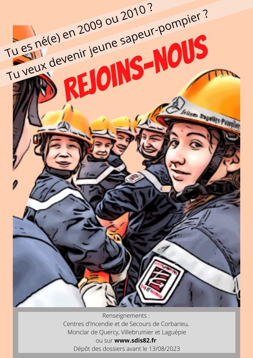 Campagne de recrutement des JSP pour 2024
Les cours de la section se déroulent tous les samedis matin de 8h à 12h en dehors des vacances scolaires au sein des centres d’incendie et de secours de Corbarieu/Monclar de Quercy/Villebrumier et Laguépie.
sdis82.fr/devenirsp/jsp/…