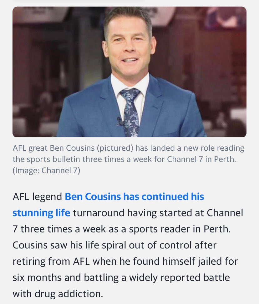 This AFL “legend” didn’t just battle addiction, he was also jailed for stalking his former partner, who was forced to relocate due to Cousins’ harassment. Violence against women isn’t just tolerated in Aus sports - perpetrators are often elevated and pushed up the ranks #stalking