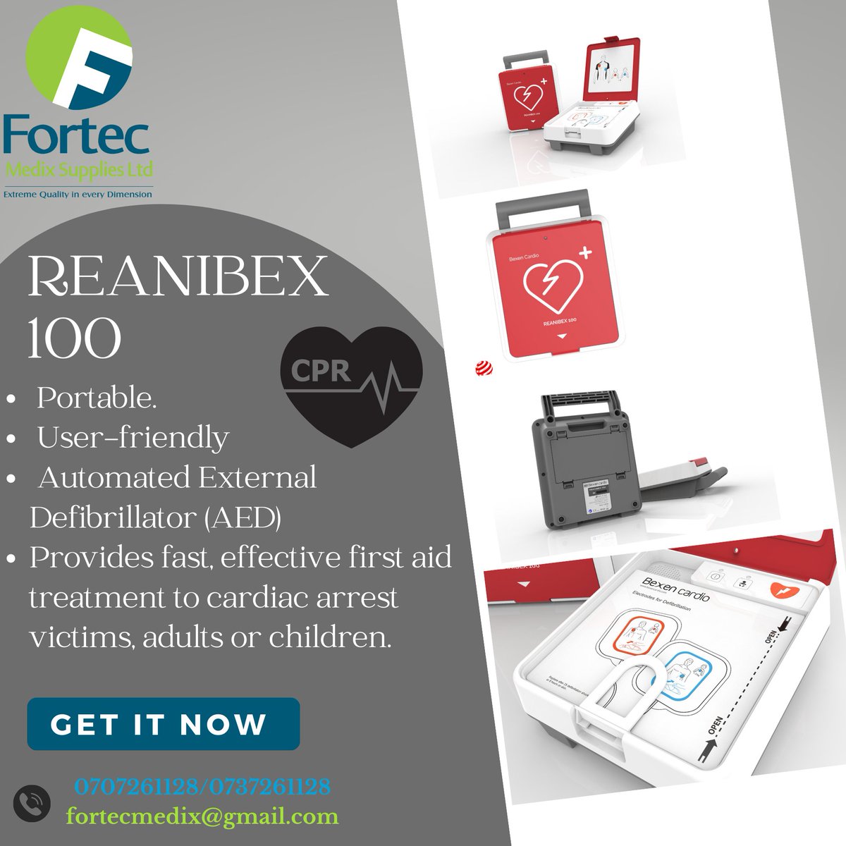 Portable, reliable, and life-saving. The trifecta you need in a defibrillator ⚡️ 
Get it now!!
'Extreme Quality in Every Dimension'
 
#fortec #fortecmedixsupplies  #defib #reanibex #defibrillator #cardiacarrest #heartdisease #cardiologists #kenya #cardiovascularhealth  #nairobi