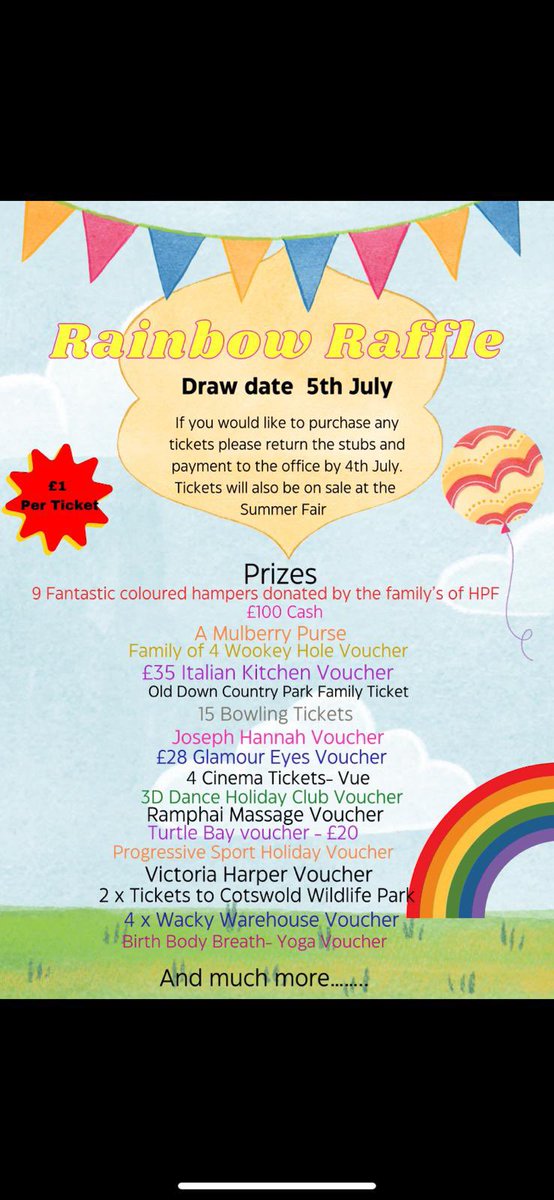 Raffle tickets were sent home with children last week. Please return stubs, payment &amp; any unsold tickets to the school office. 
More tickets available from the office &amp; will be on sale at the fair.
Lots of fantastic prizes to be won!
#rainbowraffle #schoolfundraising