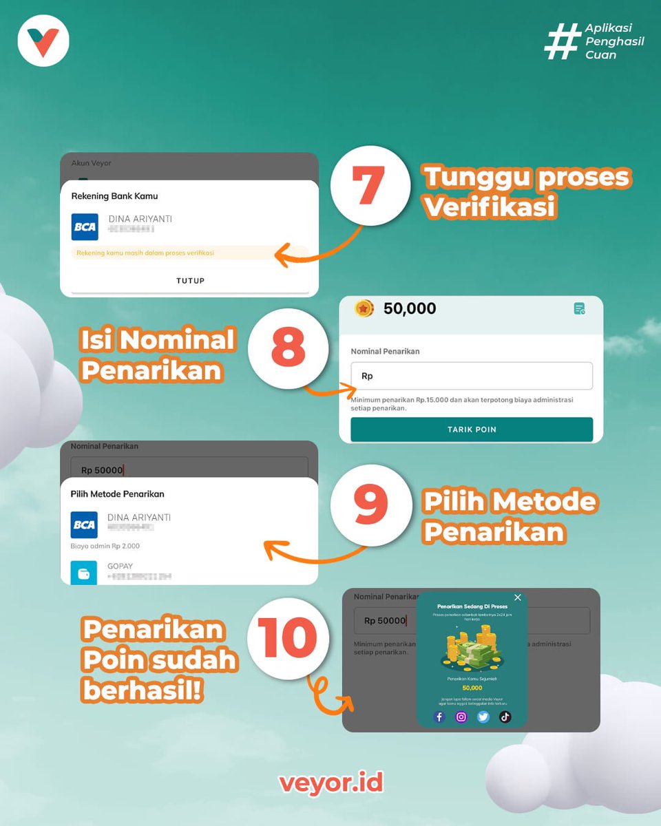 veyorid's tweet photo. Halo, Responders!🥰

Sudah daftarkan nomor rekening bank Kamu belum nih?🙋🏻‍♀️ 

Buat yang belum, ayo ikuti cara di atas dan segera daftarkan nomor rekening Kamu ke Veyor. Jadi, Kamu bisa tarik poin langsung ke bank deh!😍 https://t.co/EAwl4ZzFky
