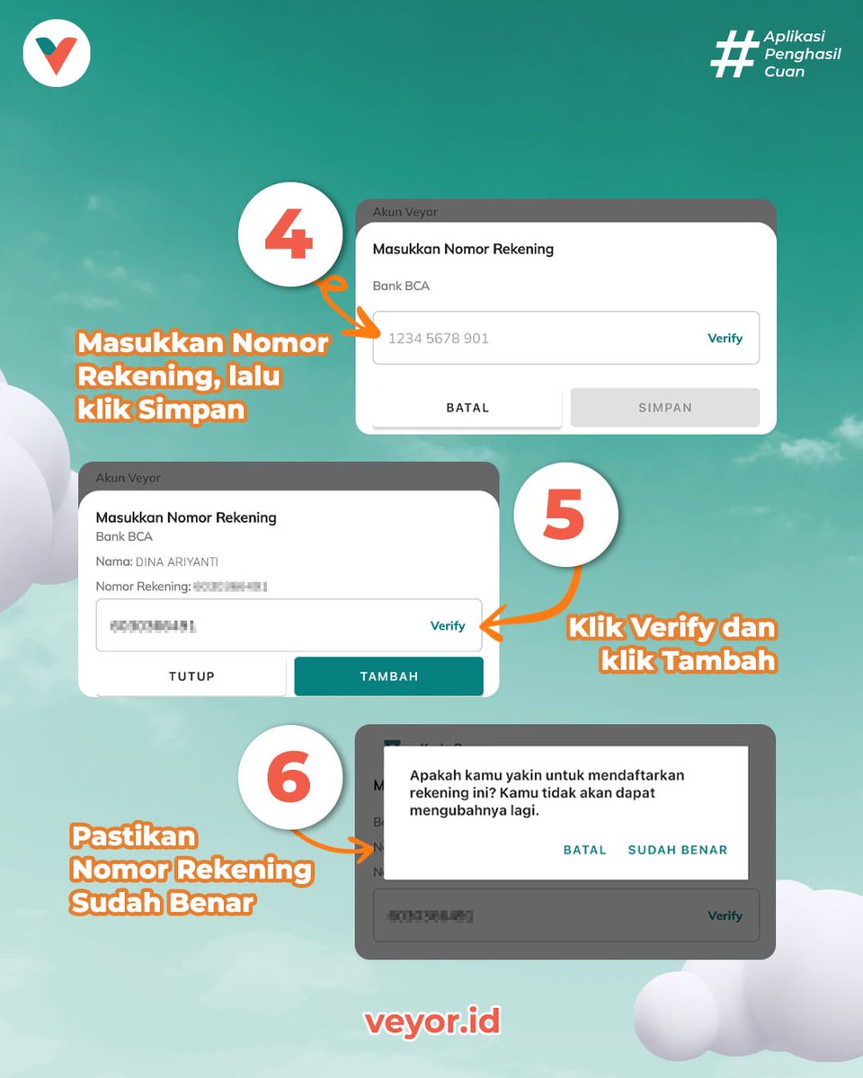 veyorid's tweet photo. Halo, Responders!🥰

Sudah daftarkan nomor rekening bank Kamu belum nih?🙋🏻‍♀️ 

Buat yang belum, ayo ikuti cara di atas dan segera daftarkan nomor rekening Kamu ke Veyor. Jadi, Kamu bisa tarik poin langsung ke bank deh!😍 https://t.co/EAwl4ZzFky