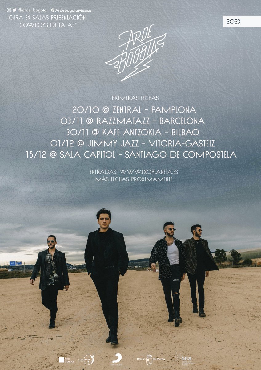 🐎GIRA COWBOYS DE LA A3🐎

Nos vemos en Pamplona, Barcelona, Bilbao, Vitoria-Gasteiz y Santiago de Compostela.

ENTRADAS DISPONIBLES A PARTIR DEL JUEVES A LAS 12:00 EN exoplaneta.es

Próximamente, más fechas. Hay que soltar a los perros 🔥