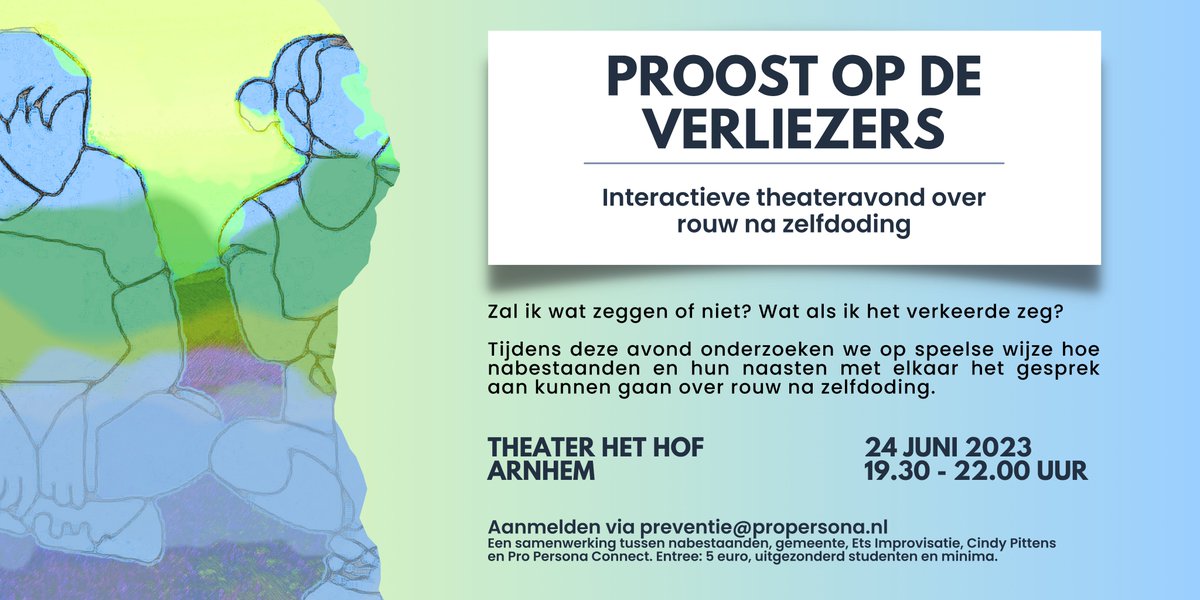 Aanstaande zaterdagavond 24 juni theateravond over rouw na #zelfdoding in Arnhem. Er zijn nog plaatsen beschikbaar!

Aanmelden kan via: propersonaconnect.nl/aanbod/cursuss…