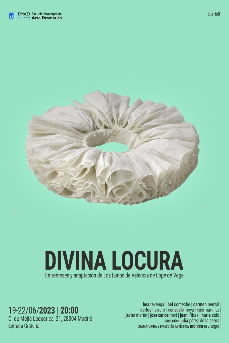 Hoy estrenamos “Divina Locura” Entremeses y adaptación de “Los locos de Valencia”, de Lope de Vega. He participado con la dirección artística y la dramaturgia de los entremeses. Entrada libre hasta completar aforo. Os esperamos 🤍🤍🤍 #EMADmadrid