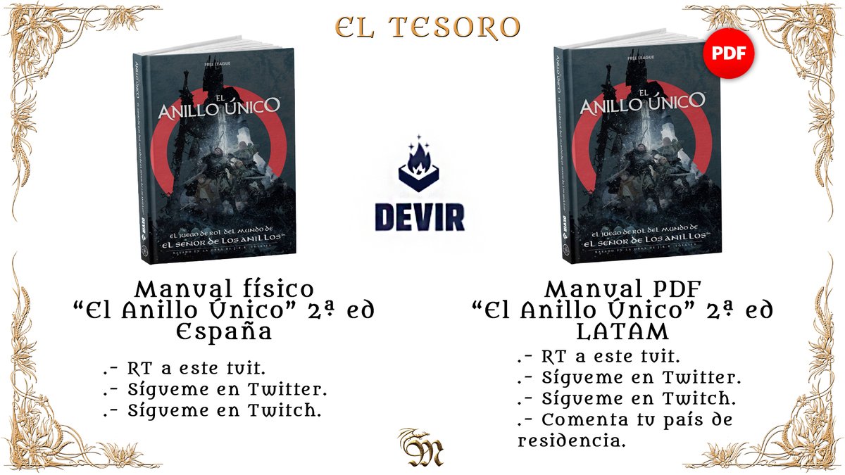 🌟¡SORTEO!🌟
¡Llegó el anillo a su semana!😜
Hasta este viernes podéis participar en el sorteo del manual de "El Anillo Único" 2ªed siguiendo las indicaciones de la imagen.
➡️Manual físico sólo para España🥰
➡️Manual pdf sólo para LATAM😍
Todo cortesía de <a href="/DevirIberia/">Devir Iberia</a> ^^
¡Suerte!