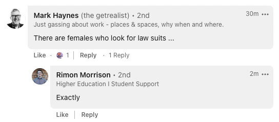 sharonodea's tweet photo. I'm always amazed how may men are happy to say things like this under their own name on LinkedIn, a professional networking site people use to find work 🙄 https://t.co/Gmb2KkKzyD