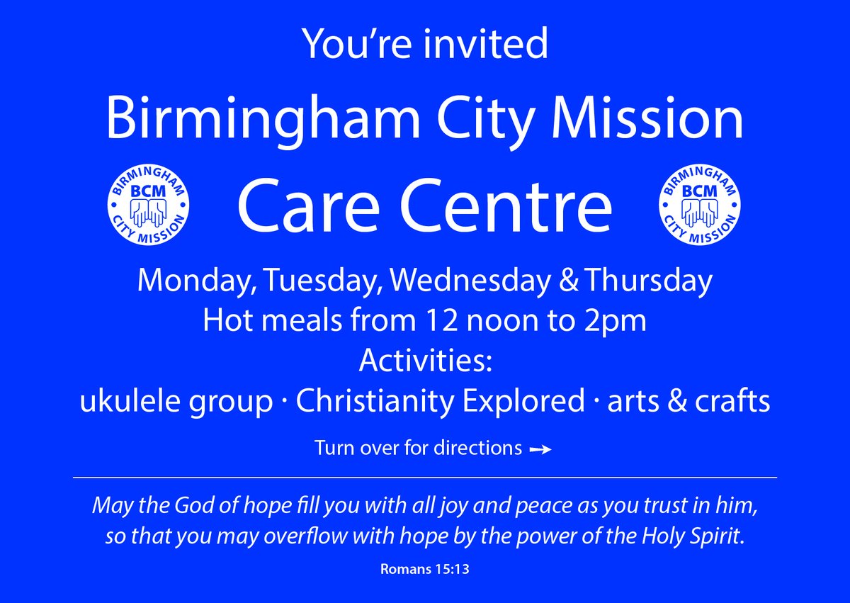 Bham_City_Missn's tweet photo. We've got lots of new Care Centre invite cards printed -  if you'd like some to keep  in your bag or pocket to give to people on the street who might need the food, support, help and friendship on offer... 0121 766 6603 (ext 2) or office@birminghamcitymission.co.uk https://t.co/hKrTcbTQPn