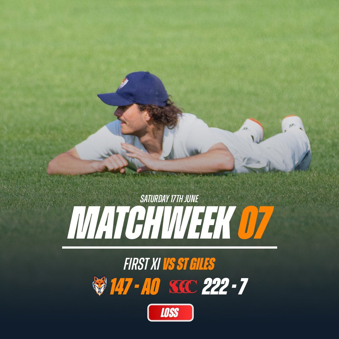 Matchweek 07 Results 🦊

First XI vs St Giles (Home)
Lost by 75 Runs ❌

Fullarton - 2 for 42
Hill - 2 for 51
Rice - 58 (58)

🦊 | #Foxes