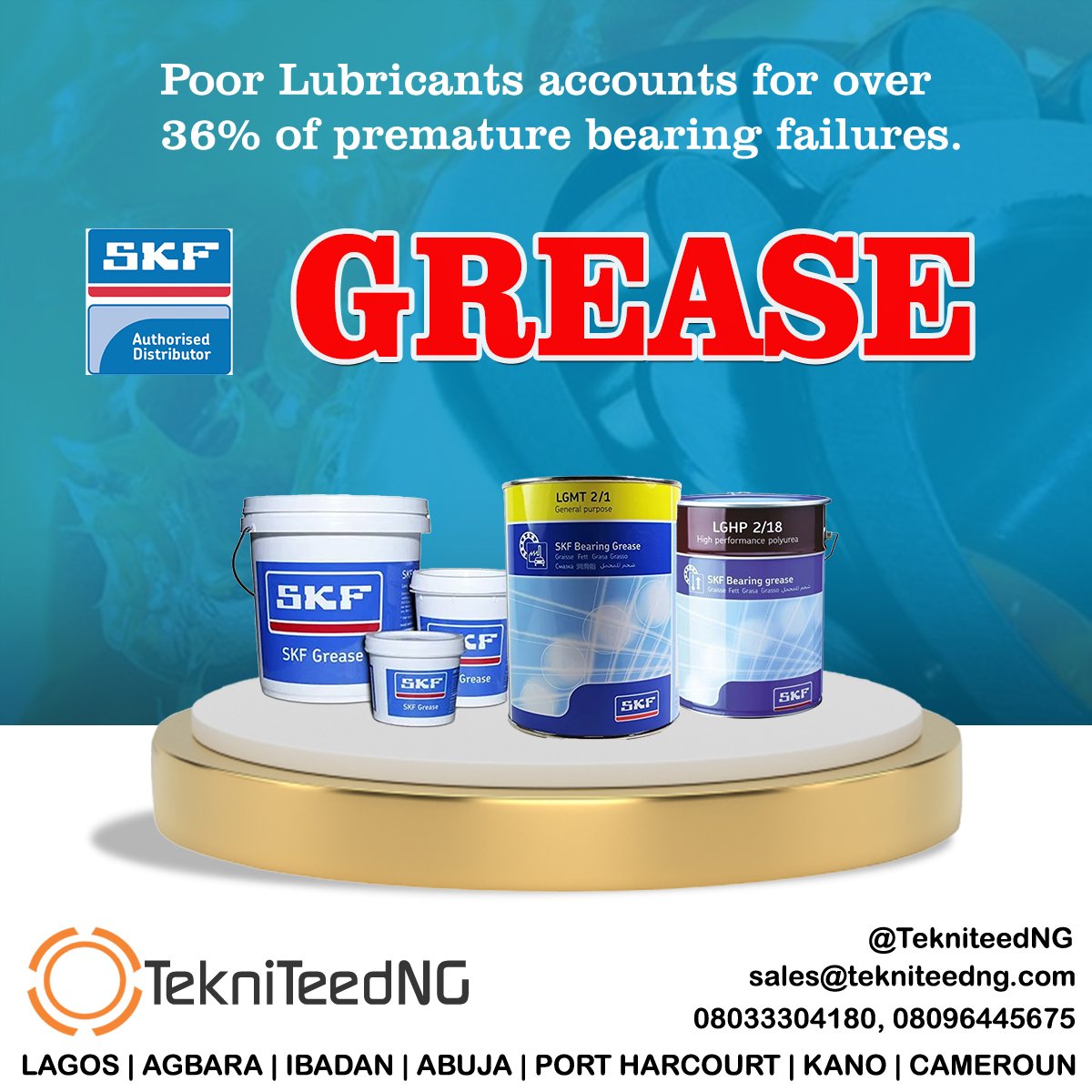 Poor lubrication accounts for over 36% of premature bearing failures.

This is why we always suggest you use @SKFgroup Group Lubricants.

For your request and enquiries,

Contact us today
sales@tekniteedng.com
08033304180

#lubricants  #skf #grease  #Industrialengineering