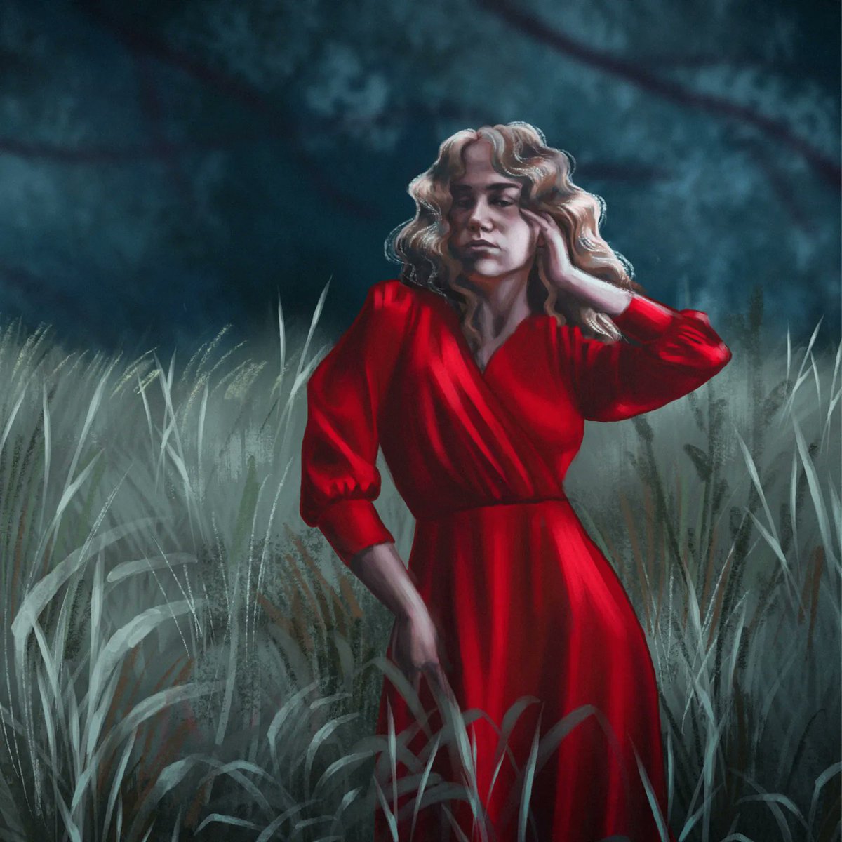martadecdesign's tweet photo. A colour study. I was fascinated by the contrast of the red dress with greenish background as soon as I saw the photo, and I had to try and paint it. 😍 

Reference: a photo by Kate on https://t.co/f2BaJEmlIv.

#digitalart https://t.co/uc4TWuRls7