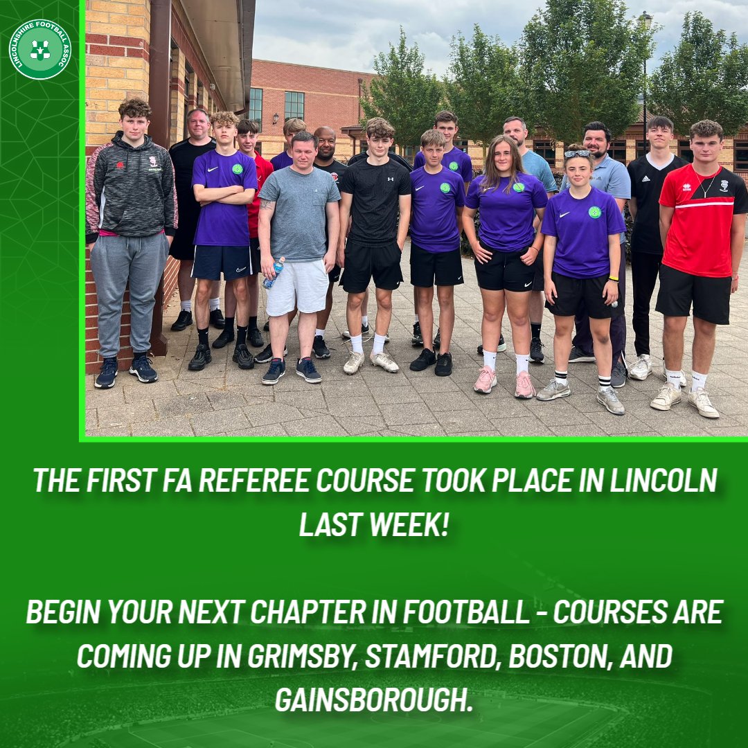 LincolnshireFA's tweet photo. The first of the summer FA Referee Courses took place in Lincoln last week, with 17 new referees beginning their next chapter 📗

We have more courses coming up in Grimsby, Stamford, Boston, and Gainsborough in the coming weeks.

Book your place now ⬇

https://t.co/Dc8QWNKOzC https://t.co/tjkijTO79D