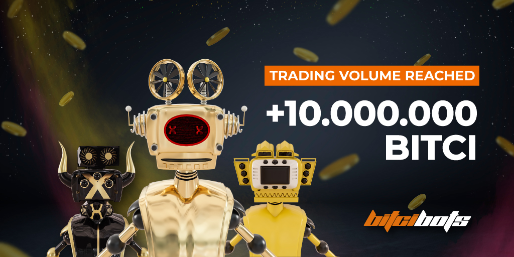 🙌 Bitci Bots NFT collection has achieved a remarkable milestone, surpassing 10 million $BITCI in volume🚀

Get yourself now! 👉🏻 nftdeli.com/bitcibots

 #BitciBots #Bitci #NFT <a href="/nftdelicom/">NFTDeli</a>