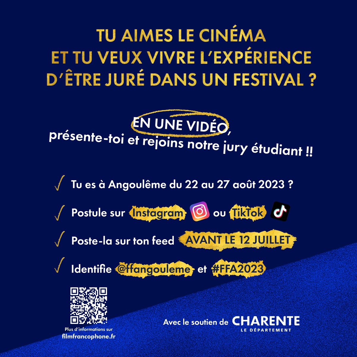 REJOINS NOTRE JURY ÉTUDIANT 🔥 Connecte-toi sur Instagram ou TikTok, présente-toi en vidéo, poste-là en identifiant @ffangouleme, et tu auras une chance de participer au #FFA2023 Les candidatures sont ouvertes jusqu'au 12 juillet : bit.ly/juryetudiantffa #ffangouleme