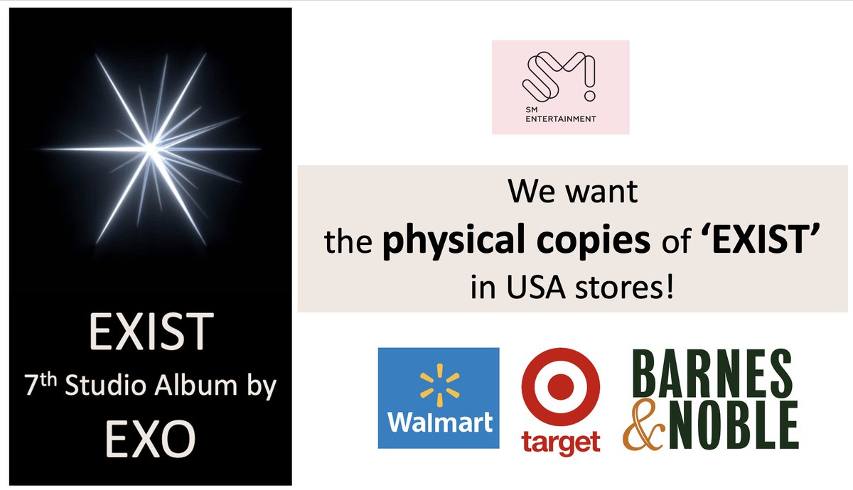 USEXOLUNION's tweet photo. @SMTOWNGLOBAL @SMTOWN_USA work with @Walmart @Target and @BNBuzz to have physical copies of #EXO's #EXIST in USA stores!

#SM_WorkWith_Walmart_for_EXIST_InStores
#SM_WorkWith_Target_for_EXIST_InStores 
#SM_WorkWith_BarnesAndNobles_for_EXIST_InStores 
@weareoneEXO @Groovechaja https://t.co/f7RS7PsMqX