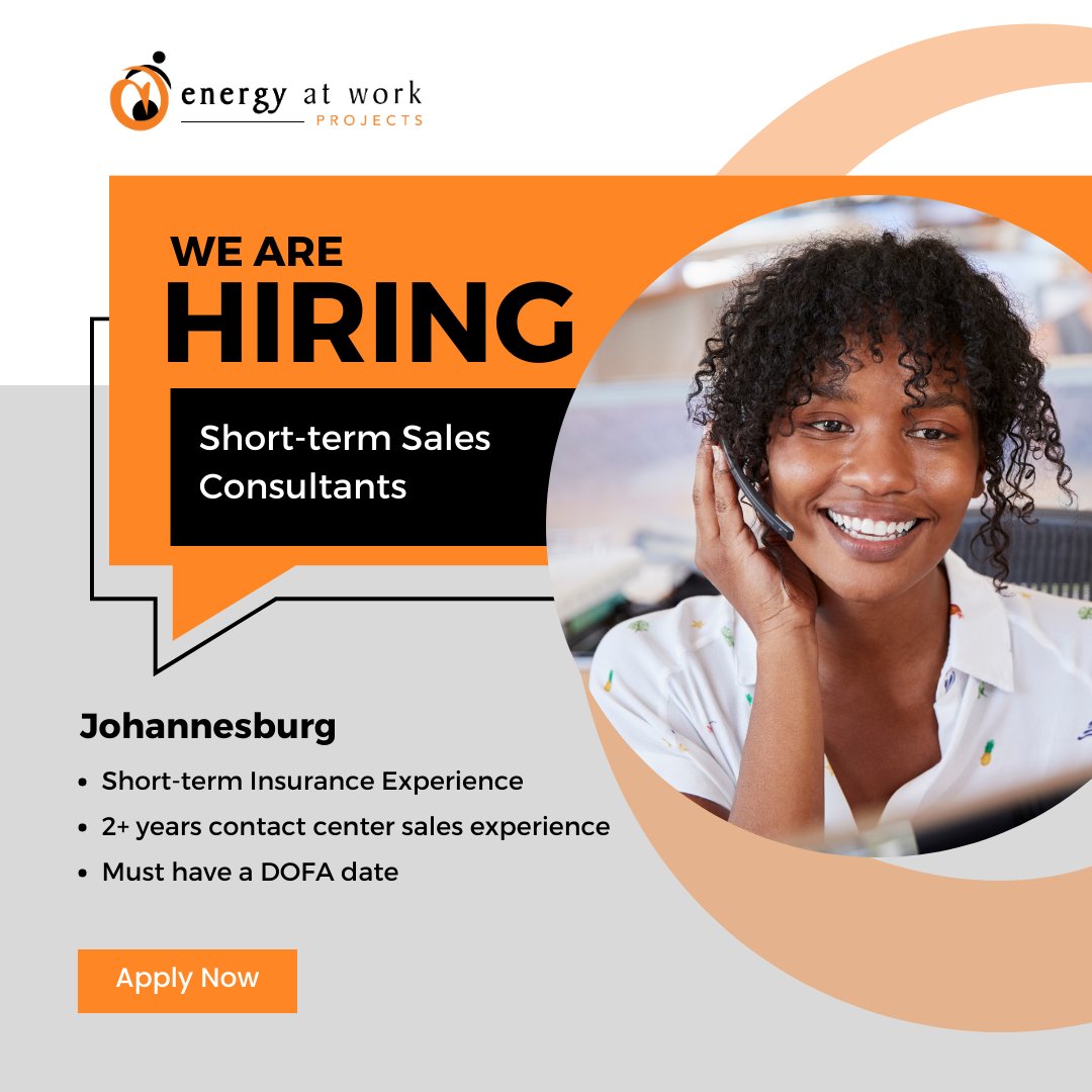 Join our team as a Short-Term Sales Consultant (POD) in Johannesburg!

If you're an experienced insurance sales advisor ready to make a big impact, this is the opportunity for you. 
dittojobs.com/jobs/view/1716… 
#InsuranceSales #SalesOpportunity #JohannesburgJobs #EnergyAtWorkProjects