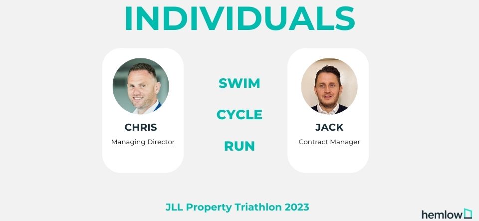 Introducing the #teamhemlow members, Chris and Jack, who will be taking on the entire event! 

 Do you have any tips for completing a triathlon? Drop them in the comments below! 

#triathlontips  #JLLPropertyTriathlon2023 #DEBRACharity #buildingmaintenance