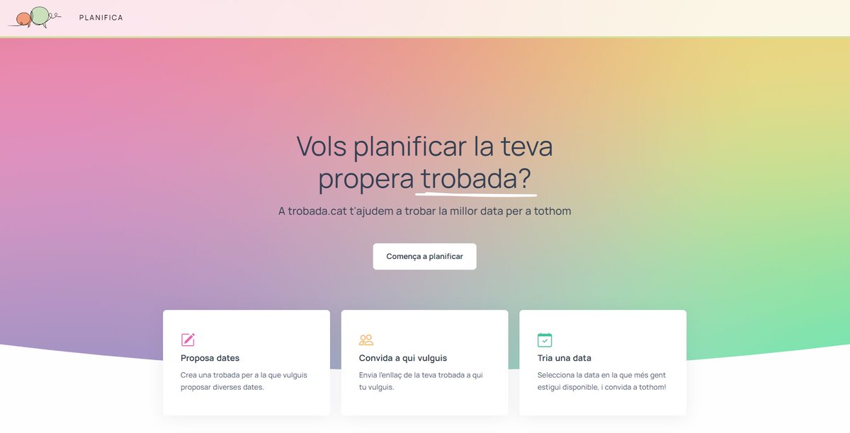 Et costa trobar dates que convinguin a tothom quan planifiques una cita, reunió, sessió d’esport, o qualsevol altre esdeveniment en grup? La nova aplicació web Trobada.cat t'ho soluciona!🗓️

eltecnologic.cat/trobada-cat-fa…
<a href="/culturadigicat/">Cultura Digital</a> <a href="/digitalencatala/">Aliança per la presència digital del català</a> <a href="/softcatala/">Softcatalà</a>