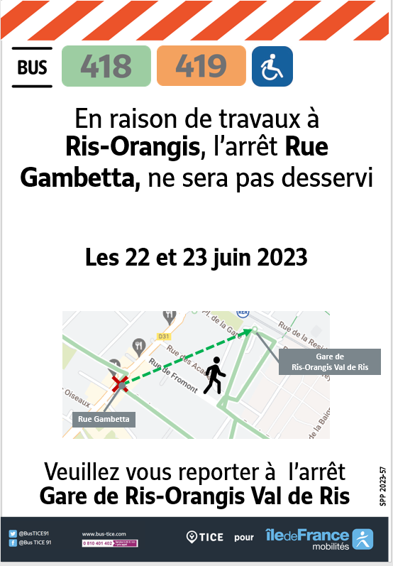 EvryEss_IDFM's tweet image. #InfoTrafic En raison de travaux à Ris-Orangis, #bus418 #bus419 l'arrêt Rue Gambetta, ne sera pas desservi les 22 et 23 juin 2023. Bonne journée.