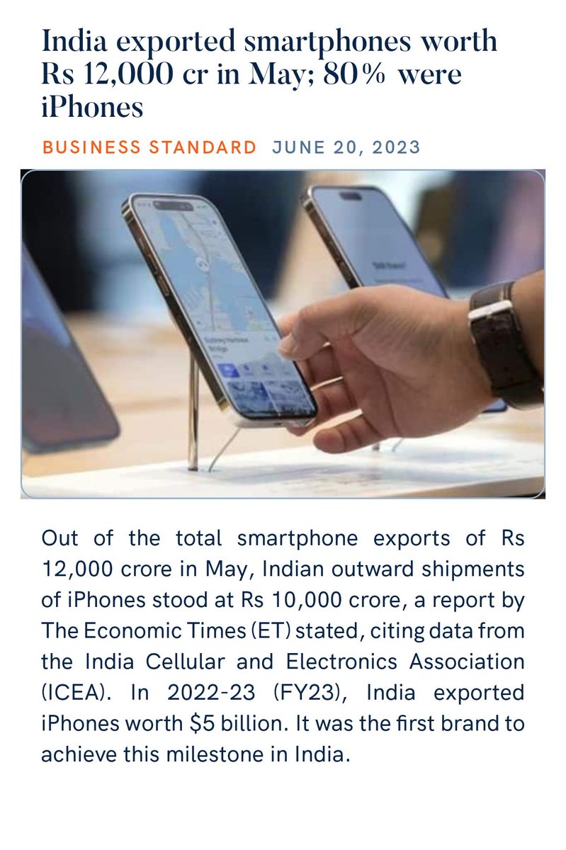 zahidpatka's tweet photo. INDIA To Be The Smartphone Manufacturing Hub of the World!
Kudos PM @narendramodi Ji Govt #MakeInIndia #MakeForWolrd
#PLIScheme .
New Milestone Achieved
India exported smartphones worth Rs 12,000 cr in May; 80% were iPhones
https://t.co/cd3Apy1q6s
@PMOIndia https://t.co/PX9NlF2RBh