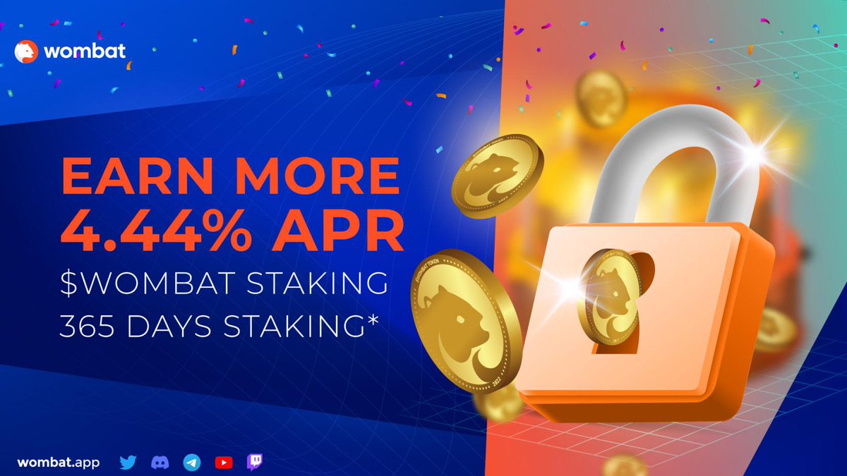 🥳It's a birthday party, everyone must get something 

🎁Wombat is giving an additional 4.44% APR on the 365D fixed $WOMBAT staking during the birthday celebration.

🔥Don't keep your tokens idle, it is time to put them to work

Stake here🔗: kucoin.com/news/wombat-fl…