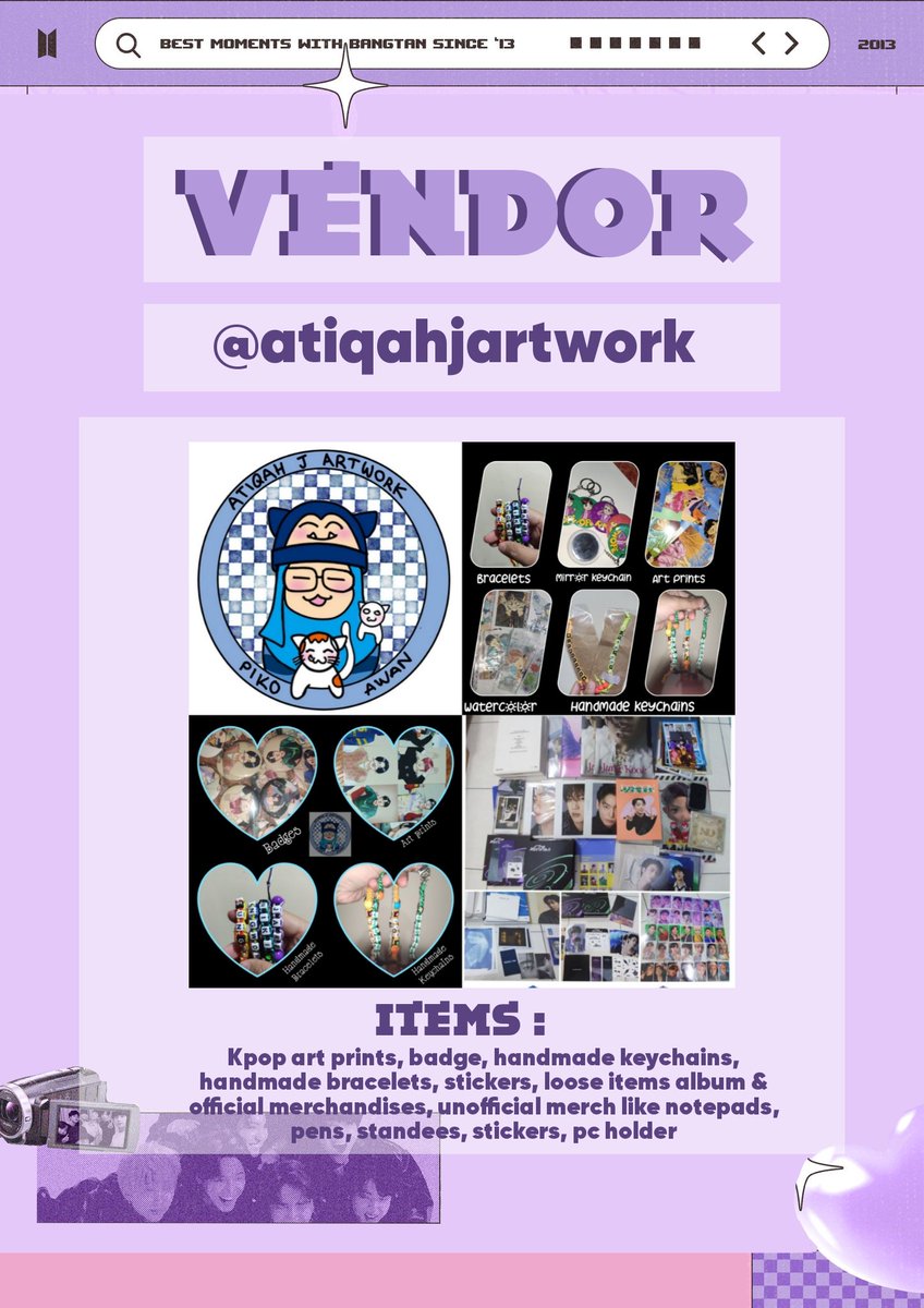 EVENT07_MY's tweet photo. VENDOR's 
Don't forget to visit + support our vendor's #ForeverWithBANGTAN

💜 @bowque_
🤍 @ChimmyhooC
💜 @atiqahjartwork https://t.co/KHkqeaxKOO