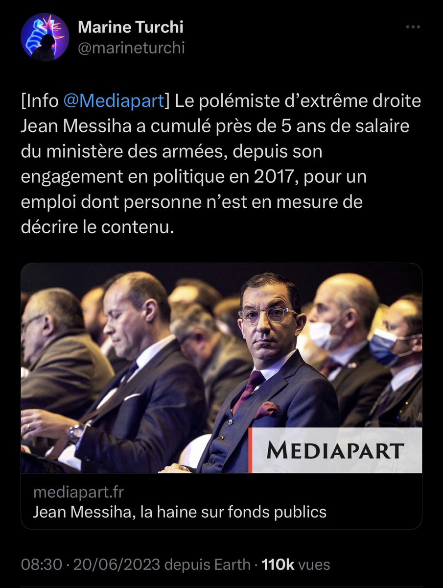 Suite à l’article diffamatoire et crapuleux publié à mon encontre par <a href="/Mediapart/">Mediapart</a> et les « journalistes » <a href="/marineturchi/">Marine Turchi</a> (qui a déjà eu à faire à la justice) et <a href="/justinebrabant/">Justine Brabant</a>, je porte plainte ce jour par l’intermédiaire de mon avocat.

Tout, je dis bien TOUT, est faux dans cet «