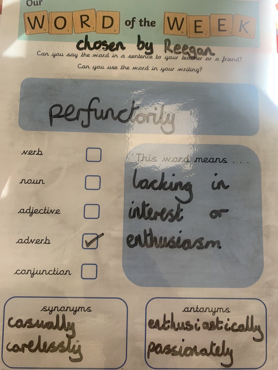 📖 This week’s word of the week is an absolute belter and is our first word of the week suggested from another school 📖 I loved all of the work I saw from @WithinfieldsSch last week but Reegan’s use of perfunctorily blew me away!!! Well done Reegan 👍