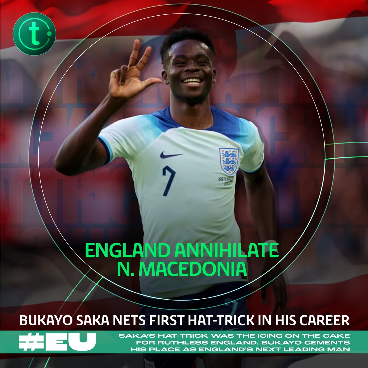 🔥⚽️ Hat-trick hero! 

Bukayo Saka steals the show as England dominate in Euro 2024 qualifiers, crushing North Macedonia at Old Trafford! 🏴󠁧󠁢󠁥󠁮󠁧󠁿🎩

#HatTrickHero #EnglandFootball #EuroQualifiers #SakaSensation