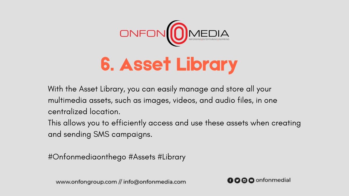onfonmedia's tweet photo. 6.
With #AssetLibrary you can easily manage and store all your multimedia assets, such as images, videos, and audio files, in one centralized location.
#Onfonmediaonthego #Assets #Library #BulkSMS https://t.co/XF0IbIzU9J