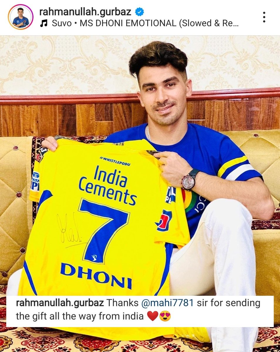 Rahmanullah Gurbaz Latest Instagram Post.
MS Dhoni Gifted Signed Jersey To Gurbaz. Nice Gesture 💛💫.