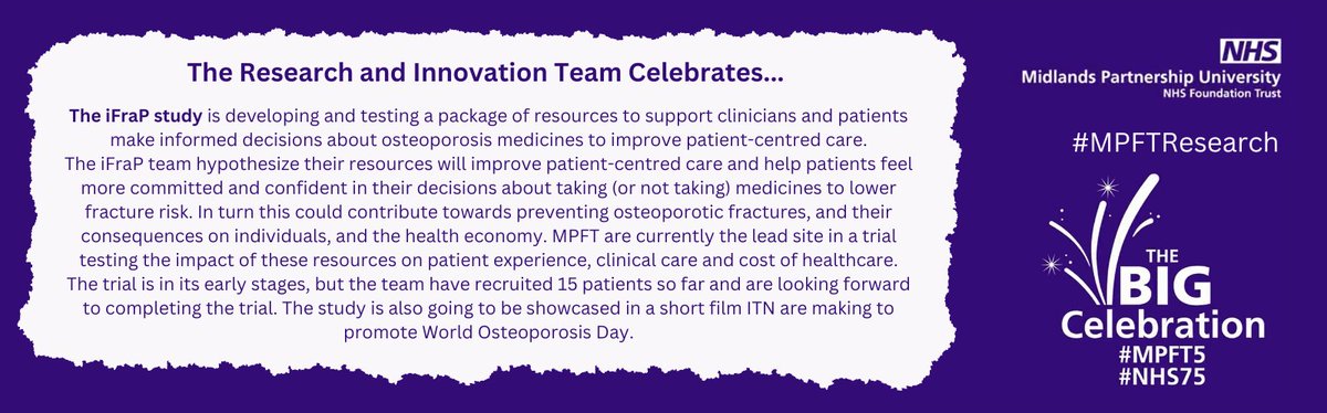 #MPFTCelebrates The iFraP Study 💙

"The team hypothesize their resources will improve patient-centred care and help patients feel more committed and confident in their decisions about taking (or not taking) medicines to lower fracture risk."

Read more below⤵️ #MPFTResearch