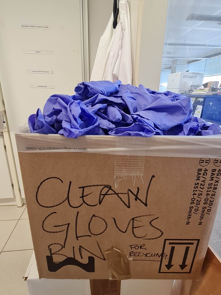 I think one of the best decisions our lab group has made in the past year is setting up a glove recycling station. The amount of stuff that gets wasted in research is eye watering and this is just one way we're trying to make our lab more sustainable 🌿 #sustainablechemistry