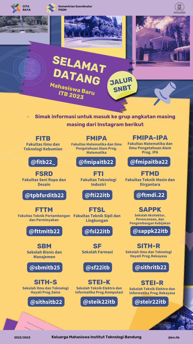 Halo_TPB's tweet photo. SELAMAT DATANG MAHASISWA BARU ITB 2023!!  

Berikut kontak kakak fakultas dan rekomendasi kanal media yang dapat kalian ikuti!  Selamat bagi para pejuang SNBT yang telah berhasil bergabung menjadi bagian dari Institut Teknologi Bandung. https://t.co/12OutyMIvh