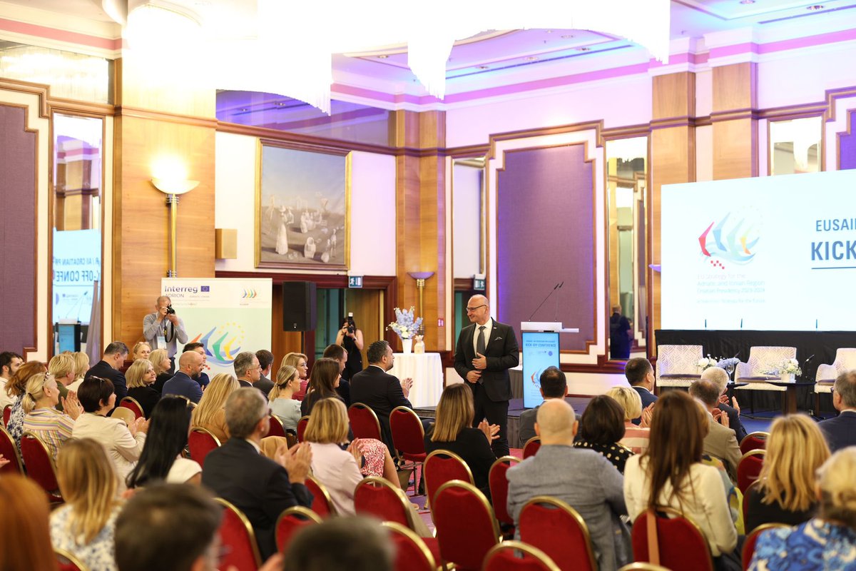 MFA_Croatia's tweet photo. Kick-off conference on the 🇭🇷 presidency of the #EU Strategy for the Adriatic- Ionian Region and the Adriatic-Ionian Initiative in #Zagreb, with ministers @grlicradman , @DinoKonakovic , @NBrnjac and @SimeErlic https://t.co/g77ZdCFtB0