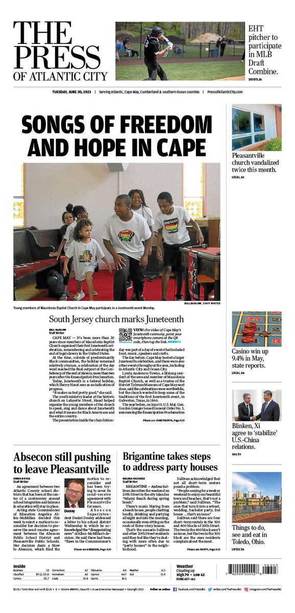 Front page of today's <a href="/ThePressofAC/">Press of AC</a> featuring stories by <a href="/Jerseynews_Bill/">Bill Barlow</a> @acpressvazquez and <a href="/ACPressDoyle/">Chris Doyle</a> #Juneteenth2023