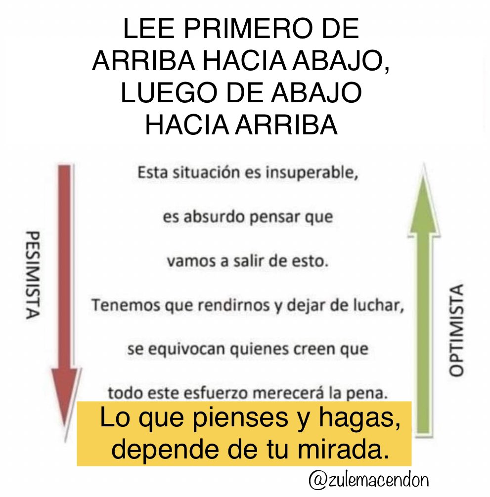 OPTIMISMO: Como dijo Ramón de Campoamor, “todo es según el color del cristal con que se mira”. Si miras con cristales obscuros, la visión disminuida te guardará de ir más allá de de tus manos; aclara tus cristales para que también veas el horizonte y te atrevas. <a href="/zulemacendon/">Zulema Cendón</a>